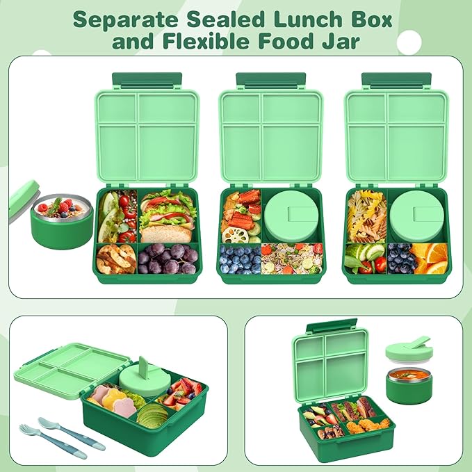 Bento Lunch Box with 8oz Soup Thermo, Kids Leakproof Lunch Food Containers with 4 Compartment, Kids Thermo Insulated Hot Food Jar for School, Trvael-Green-CubbioJoy
