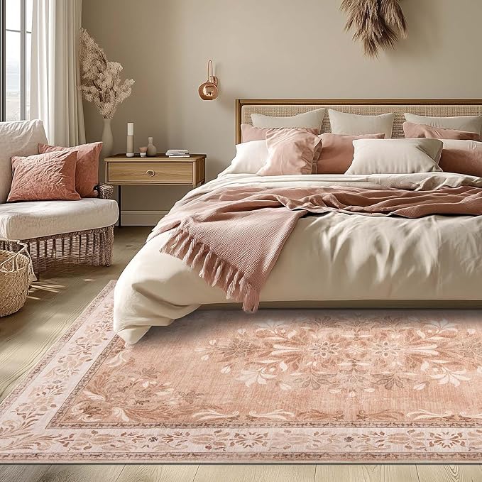 jinchan Vintage Floral 4x6 Area Rugs - Machine Washable Distressed Design Soft Ultra-Thin Low-Pile Non-Slip Carpet for Entryway Kitchen Bedroom Nursery Living Room Dining Room (4x6ft,Coral Pink)-CubbioJoy