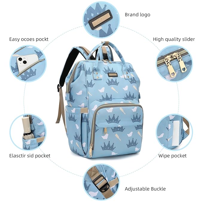 Diaper Bag Backpack, Diaper Bags for Baby Girls Boys, Baby Bags for Moms Dads, Nappy Changing Bag with Insulated Pockets,Multi-functional Waterproof Backpack with Stroller straps-Light blue crown-CubbioJoy