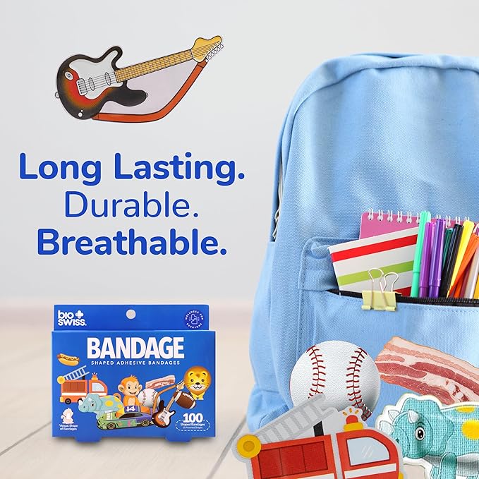 BioSwiss Bandages, Assorted Animal, Fun and Food Shaped Self Adhesive Bandage for Boys, Latex Free Sterile Wound Care, 100 Count-CubbioJoy