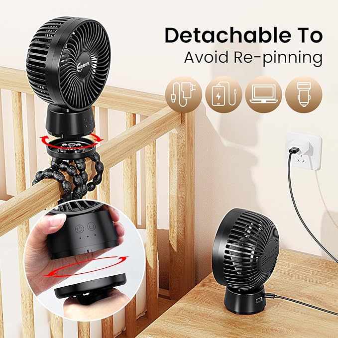 20000mAh Portable Stroller Fan with Auto Oscillating, Extended Anti-Slip Detachable Flexible Tripod, Power Bank & LED Light, 3-Speed Quiet Long Time Cooling Clip On Fans for Baby Crib Car Seat Travel-CubbioJoy