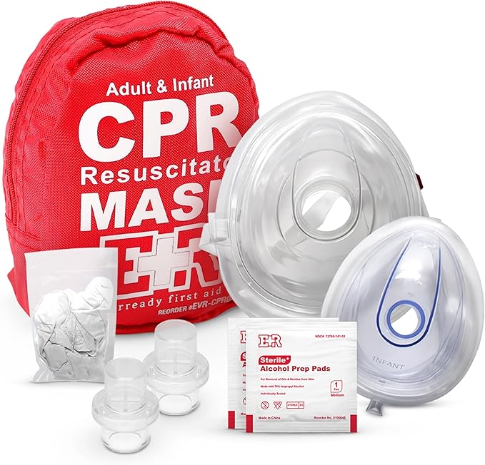 Adult and Infant CPR Mask Combo Kit – 50-Pack – 100 Valves, 50 Gloves, 100 Alcohol Pads – Bulk Set for First Responders, CPR Training-CubbioJoy