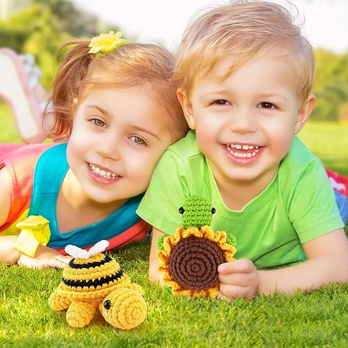 Crochet Kit for Beginners, Crochet Animal Kit with Step-by-Step Video Tutorials, 2PCS Bee and Sunflower Turtles Crocheting Kit for Adults Kids, Easy Yarn for Starter, Stuffed Animal Knitting Kit-CubbioJoy