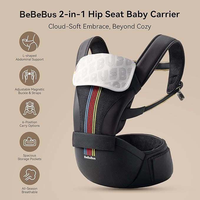 Baby Carrier with Hip Seat, BeBeBus 2-in-1 Ergonomic Newborn to Toddler Carrier up to 44 lbs, Detachable Hands-Free for Infant, All Season Forward-Facing Carry, Fits Waist Sizes up to 38 inch (Black)-CubbioJoy