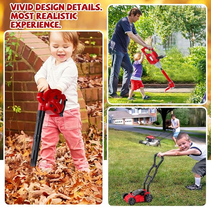 3 Pcs Toy Gardening Tool Set for Kids Toy Leaf Blower Weed Trimmer Push Lawn Mower Pretend Play Set with Lights and Sounds Christmas Birthday Gifts for Boys Girls-CubbioJoy