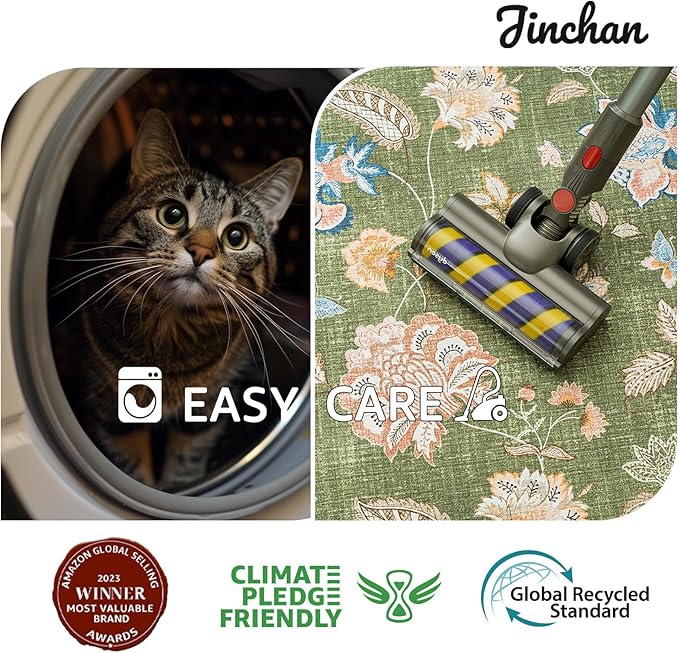 jinchan 3x10 Floral Runner Rug for Hallway Washable Kitchen Runner Vintage Romance Design Non Slip Thin Indoor Floor Cover Low-Profile Throw Carpet for Entryway Bathroom Bedroom Porch, Green-CubbioJoy