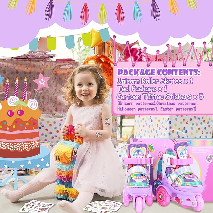 4-Pejiijar Rainbow Unicorn Kids Roller Skates for Girls Toddler Ages 2-4 5-8 8-12,Adjustable Roller Shoes with Luminous Wheels for Birthday Xmas Gifts-CubbioJoy