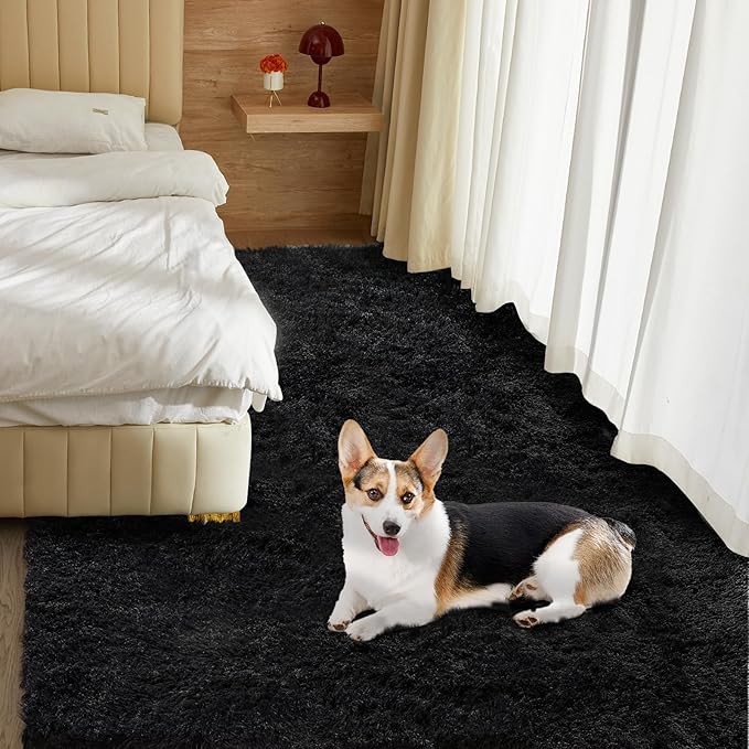 5X8 Ultra Soft Rug for Living Room, Fluffy Shag Area Rug for Bedroom, Modern Shaggy Carpets Fuzzy Rug for Teens Dorm Nursery Home Decor Aesthetic, Upgrade Anti-Skid Durable, Black-CubbioJoy