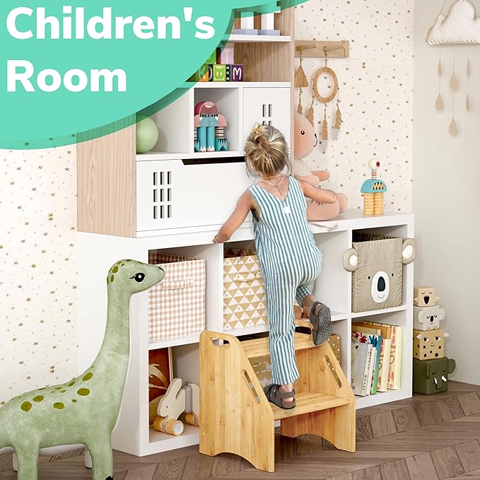 AMBIRD Wooden Step Stool, 15.75'' H Potty Training Toddler 300 lbs Capacity with Safety Non-Slip Pads and Handles, Kitchen Step Stools for Kids, Bamboo Step Stool for Bathroom, High Beds (Natural)-CubbioJoy