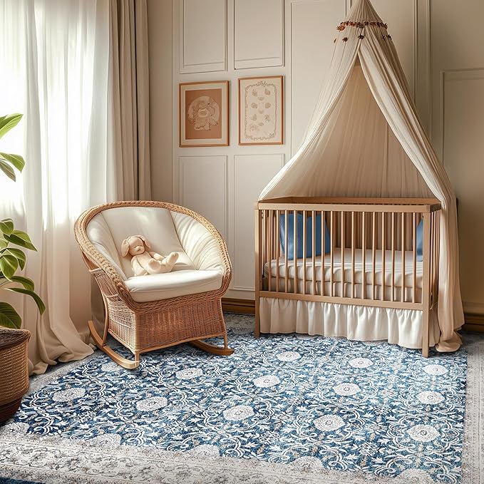 jinchan Floral Area Rugs 4x6 Machine Washable Vintage Distressed Boho Design Throw Rug Stain Resistant Carpet Low Pile Ultra-Thin Non-Slip for Bedroom Living Room Dining Room Kitchen(4‘x6',Drak Blue)-CubbioJoy