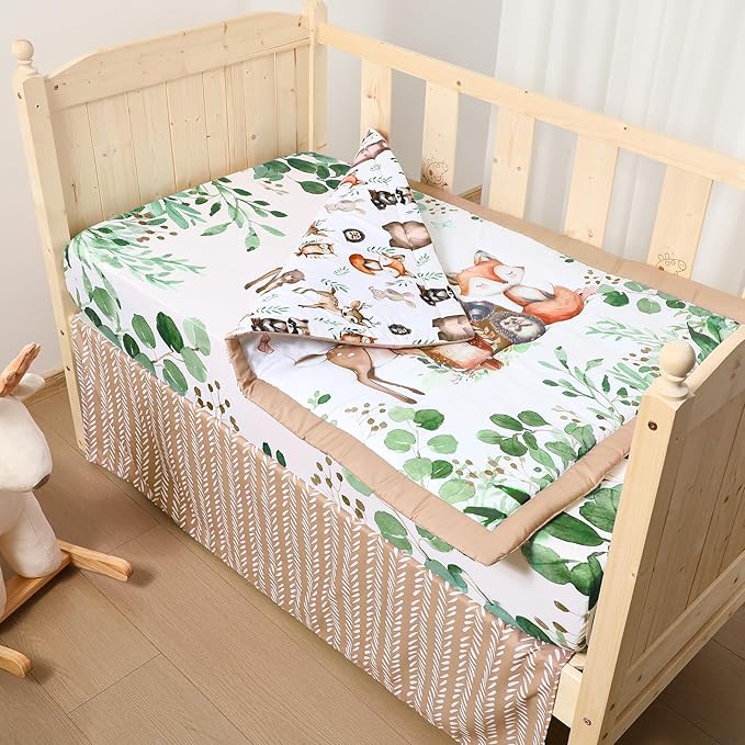 3 Pcs Baby Crib Bedding Set Safari Animals Dinosaurs Bear Woodland Animals Jungle Crib Set Includes Quilt, Fitted Sheet, Skirt for Baby Boy Girl(Green,Woodland Raccoons Deer Etc.)-CubbioJoy