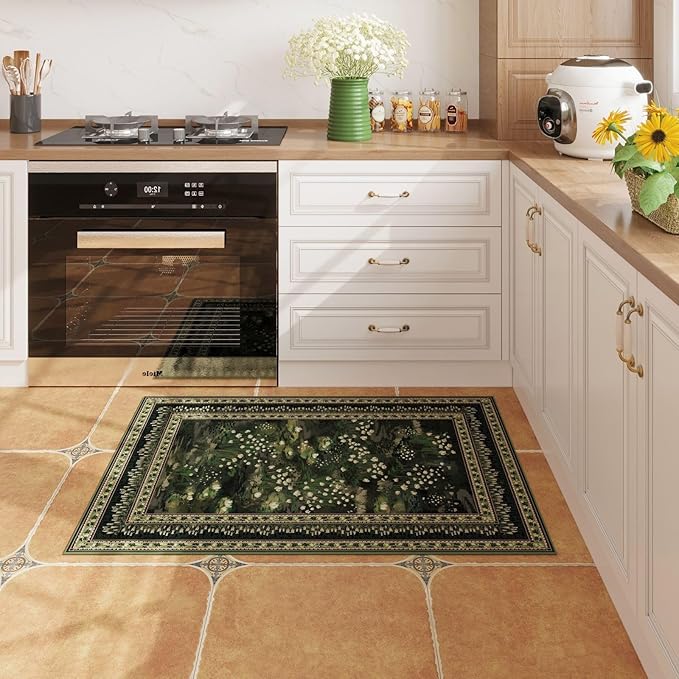 2x3 Rug Impressionist-Style Vintage Indoor Door Mat Machine Washable Small Area Rug Non-Slip Low Pile Throw Rugs for Entryway Kitchen Front Door Indoor Entrance Entry Kids Room, Green-CubbioJoy