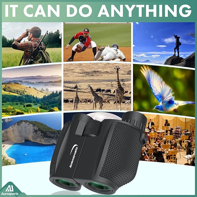 Aurosports 10x25 Binoculars for Adults and Kids, Large View Compact Binoculars with Low Light Vision, Easy Focus Small Binocular for Bird Watching Outdoor Travel Sightseeing Concert Hunting Hiking-CubbioJoy