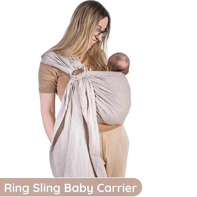 Baby Sling Carrier – Breathable 100% Cotton Wrap for Infant Support, Ring Sling Baby Carrier – Adjustable Muslin Fabric, Soft Chest Hold for Travel (Sand)-CubbioJoy
