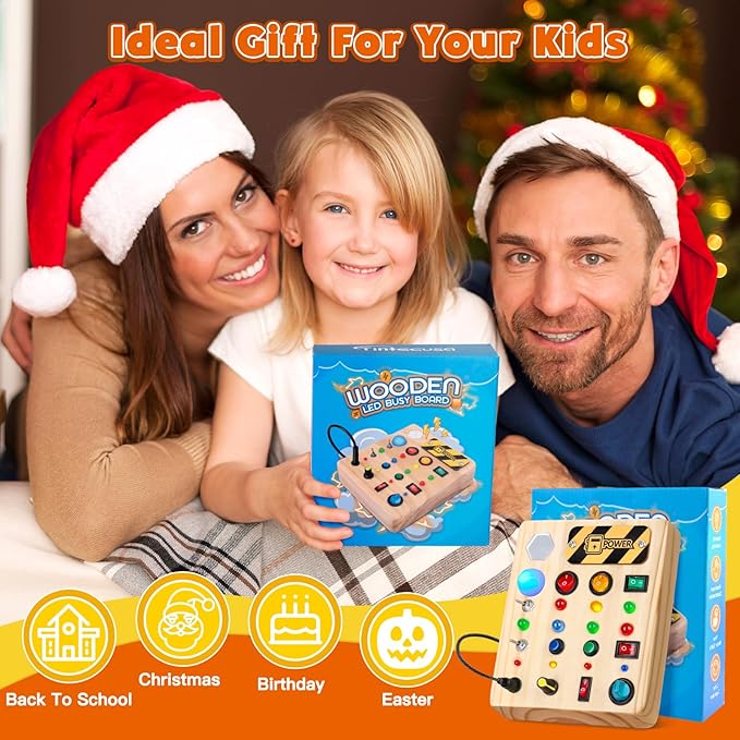 Busy Board Montessori Toys for Toddler, Wooden Sensory Board Switch Toy with Shape Sorter LED Light Up Toys Educational Plane Travel Activity for Girls & Boys-CubbioJoy