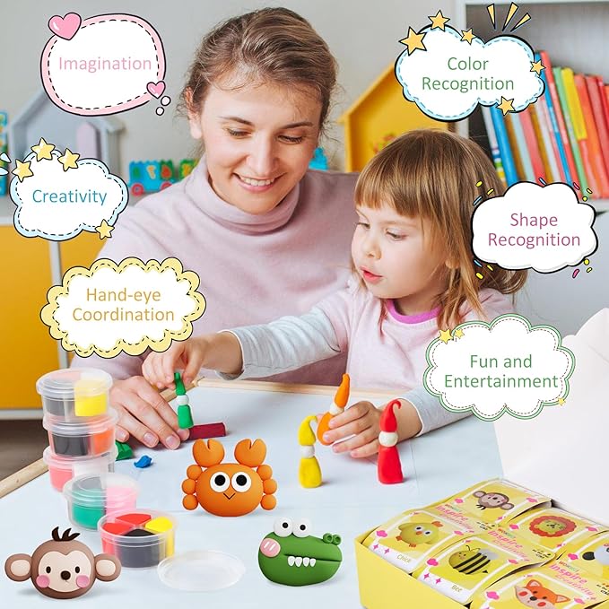 Air Dry Clay Kit for Kids, Modeling Magic Clay for Kids, Ultra Light & Soft, 12 Boxes DIY Animals Model with Step by Step Tutorial and 5 Sculpting Tools, Creative Art Crafts Toys Gifts for Girls Boys-CubbioJoy
