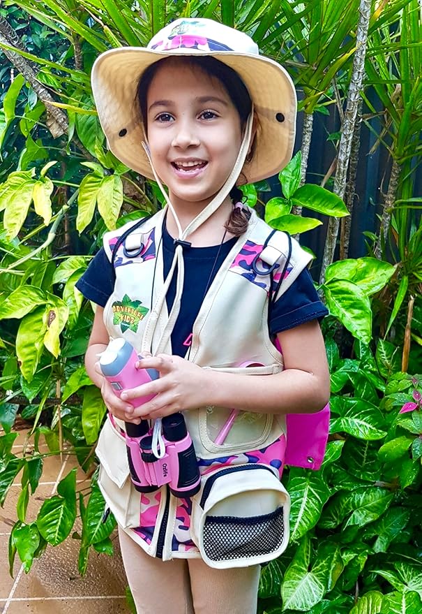 Bug Hunting Kit, Pink Safari Vest, Hat, Binoculars, Lg. Butterfly Net, Bug Container, Whistle, Flashlight, Magnifier, Thermostat, Compass, Age 3+-CubbioJoy