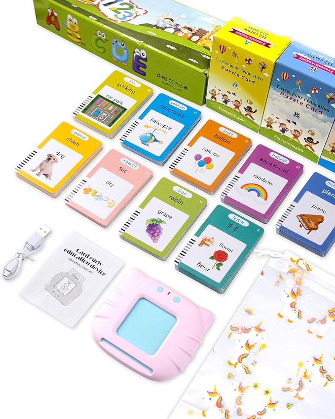 510 Words French Flash Cards for Kids, Toddler Learning Resources Toy, Autism Sensory Toys for Autistic Children Aged 2-4 Pink (French/English/Bilingual)-CubbioJoy