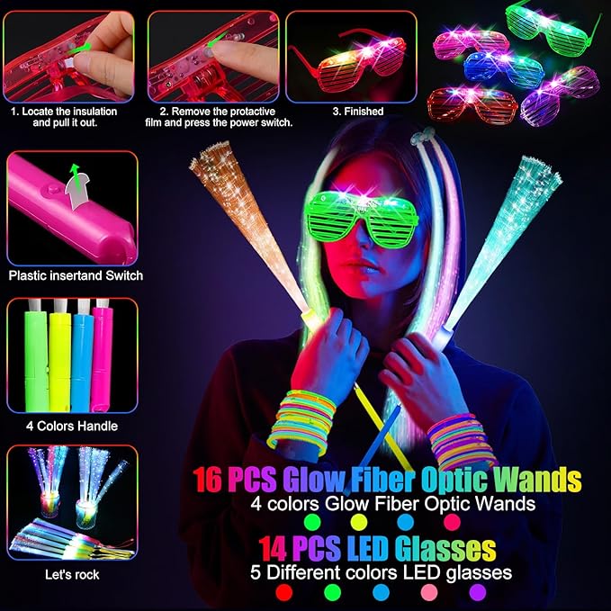 148 PCS Glow in the Dark Party Supplies, 16 Fiber Optic Wands, 14 LED Glasses, 100 Glow Sticks and 18 LED Hair Clips Fiber Optic for Neon Party, Wedding, Birthday, Concert, New Year-CubbioJoy
