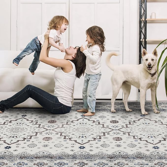 9x12 Area Rug Living Room Rugs, Stain Resistant Washable Rug, Vintage Large Non-Slip Backing, Low Pile Lightweight Print Rug for Bedroom Dinning Room Home Office (White Cream/Gray)-CubbioJoy