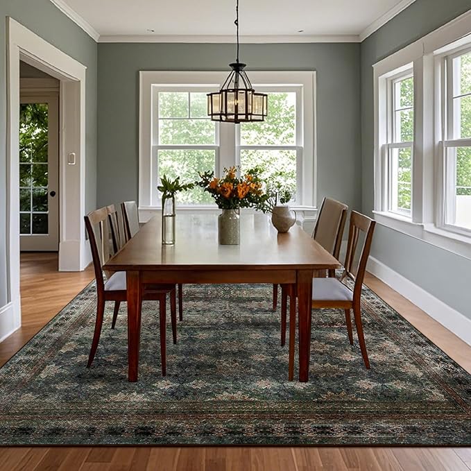 4x6 Area Rug for Bedroom Machine Washable, Non Slip Vintage Floral Kitchen Rugs for Dining Room, Rustic Indoor Floor Carpet for Kids Room, Playroom, Farmhouse(Dark Green/Brown/Multi)-CubbioJoy