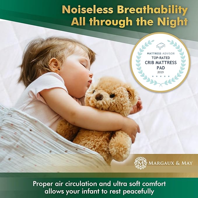 Crib Mattress Protector Pad 2 Pack - Ultra-Soft Waterproof Breathable Premium Bamboo Rayon - Noiseless Fitted Dryer Safe Cover for Crib. High Absorbency Oeko-TEX Certified MARGAUX & MAY-CubbioJoy