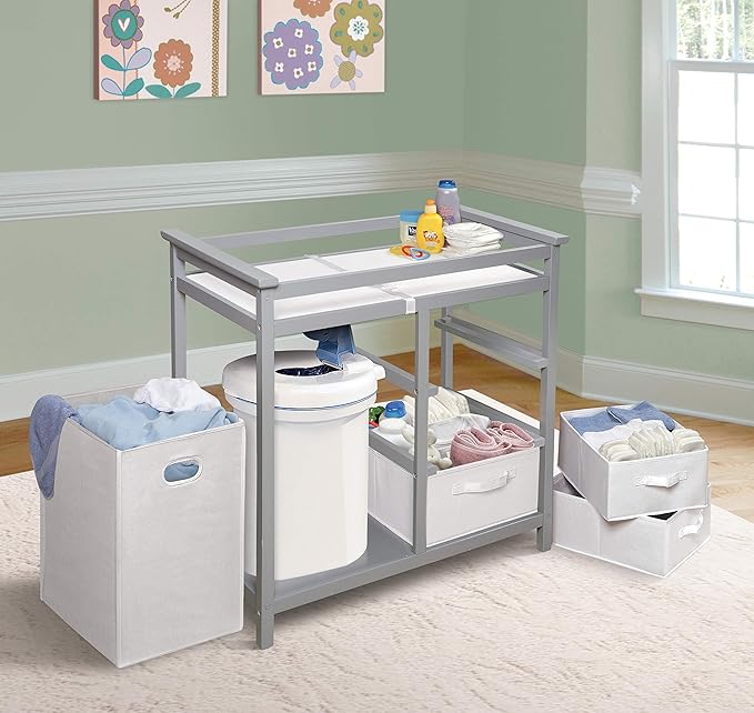 Badger Basket Modern Baby Changing Table - Nursery Furniture with Laundry Hamper and 3 Storage Drawers - Diaper Changing Station with Safety Belt, Changing Pad, Organizer Baskets - Cool Gray and White-CubbioJoy