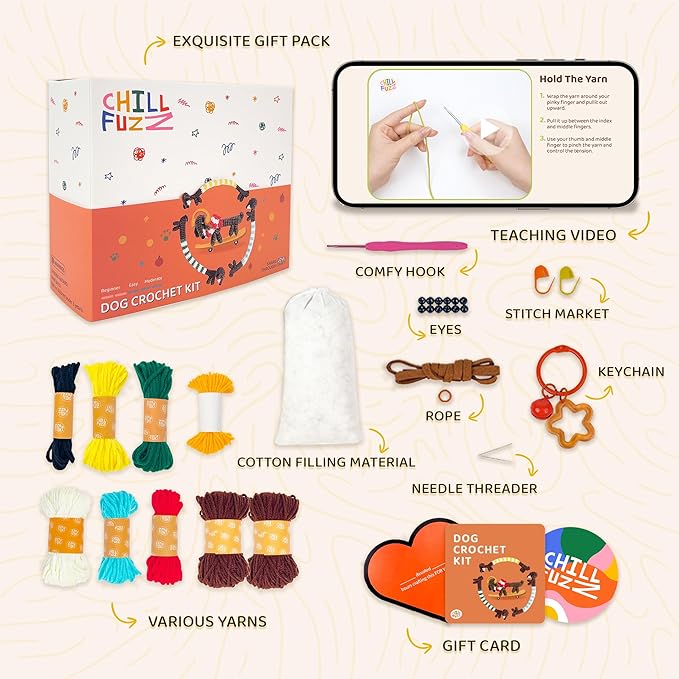 ChillFuzz Animal Crochet Kit Beginner Crochet Kit for Adults and Kids with Yarn Hook and Instructions Perfect Handmade Gift for Pet Lovers Dachshund-CubbioJoy