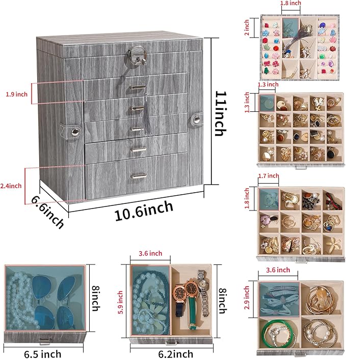 BOOVO Jewelry Box For women, 6 Layer Large Jewelry Organizer With Mirror, Accessory Holder With 5 Drawers, For Earrings Necklace Ring Bracelet (woodgrain grey)-CubbioJoy