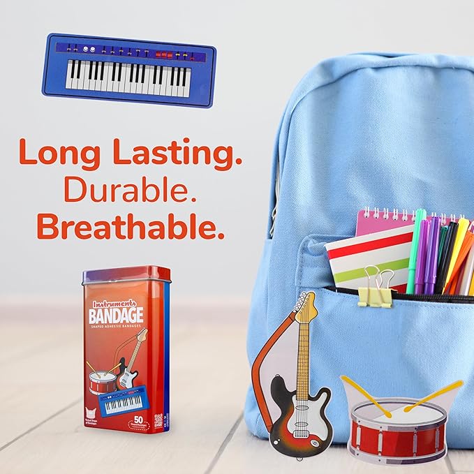 BioSwiss Bandages, Musical Instruments Shaped Self Adhesive Bandage, Latex Free Sterile Wound Care, Fun First Aid Kit Supplies for Kids and Adults, 50 Count-CubbioJoy