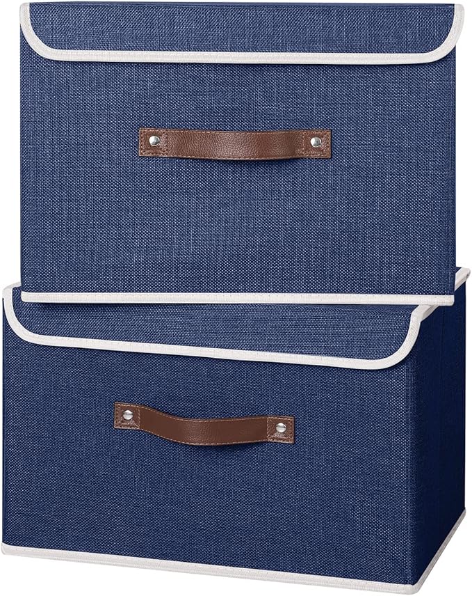 ANMINY 4PCS Storage Bins with Lid PU Leather Handles Storage Boxes PP Plastic Board Decorative Foldable Lidded Cotton Linen Fabric Home Cubes Baskets Closet Organizer Containers - Blue, Large Size-CubbioJoy