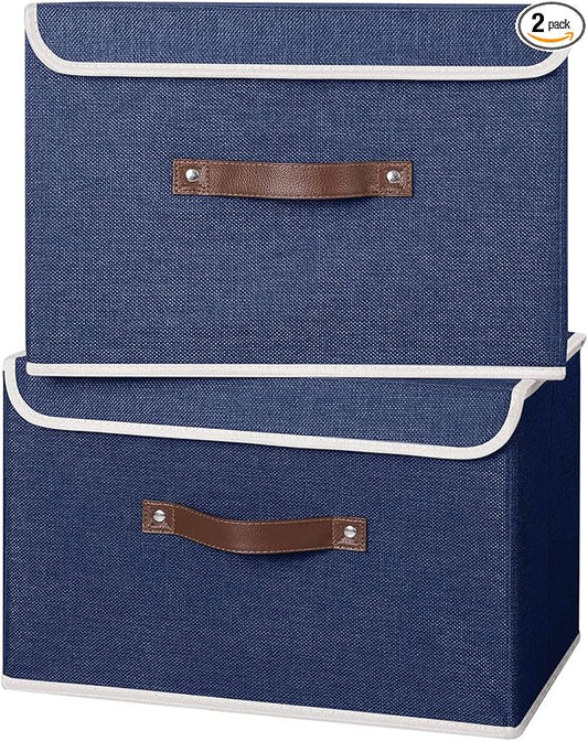 ANMINY 2PCS Storage Bins with Lid PU Leather Handles Storage Boxes PP Plastic Board Decorative Foldable Lidded Cotton Linen Fabric Home Cubes Baskets Closet Organizer Containers - Blue, Large Size-CubbioJoy