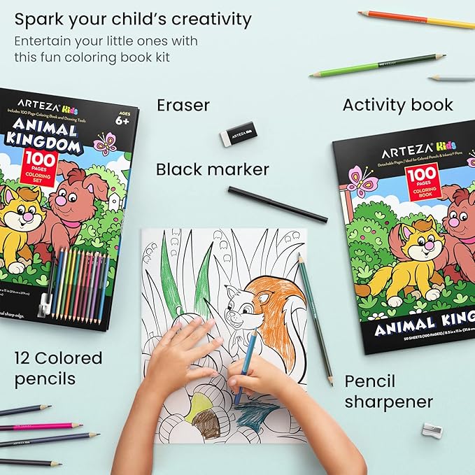 ARTEZA Kids Coloring Book and Colored Pencils Kit, Animal Kingdom Illustrations, 50 Double-Sided Sheets, 100lb Paper-CubbioJoy
