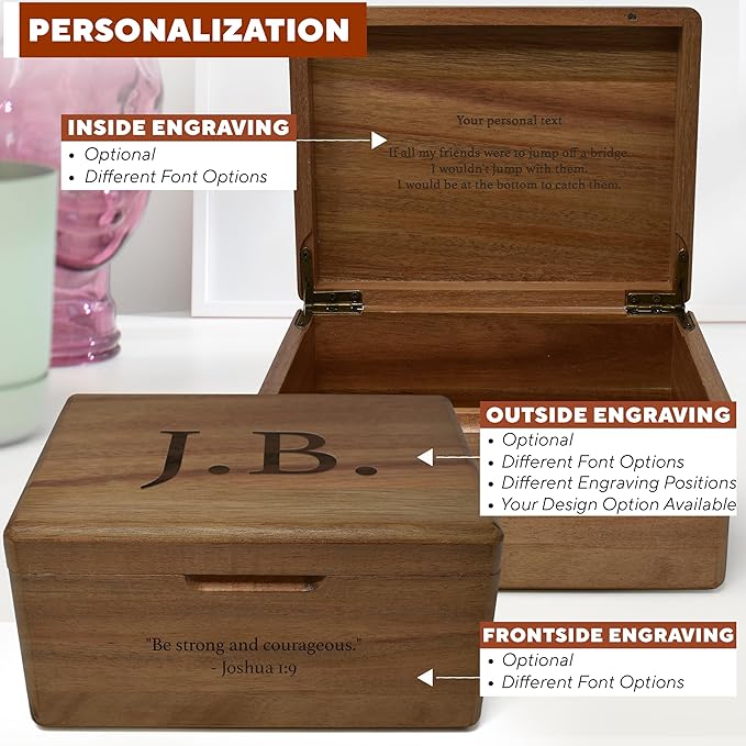 Custom Engraved Small Wooden Box - Acacia Wood Memory Boxes with Personalized Hidden Message, Walnut Keepsake Box for Pictures, Wedding Photo, Jewelry, Decorative Treasure Chest Rustic Crate, 8x6x4 in-CubbioJoy