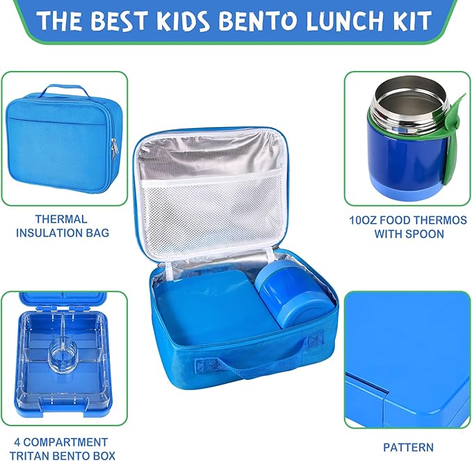 Bento Lunch Box Set With 10oz Soup Thermo, Leak-proof Lunch Containers with 4 Compartment, Kids Hot Thermo Food Jar/Insulation Lunch Bag, Food Containers for School （Blue）-CubbioJoy