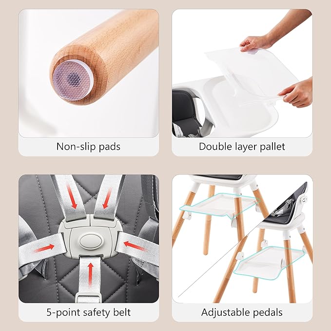 Baby High Chair, Highchair for Baby & Toddler, Easy Clean Infant Highchair, 6 in 1 Feeding High Chair with Removable Double Tray and Waterproof PU Cushion, Wooden Legs, Grey-CubbioJoy