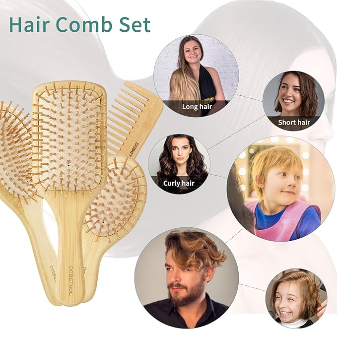 Bamboo Hair Brush Set, Natural Wooden Bamboo Comb Paddle Detangling Hairbrush for Hair Growth - Wide-tooth and Tail Comb Suitable for Thick/Thin/Curly/Dry Hair-CubbioJoy