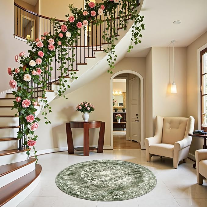 jinchan Round Rug 4ft Area Rug - Green Vintage Floor Mat Kitchen Indoor - Washable Circle 4' Thin Floral Print Carpet Retro Farmhouse Non Slip Dining Room Living Room Bedroom Office-CubbioJoy