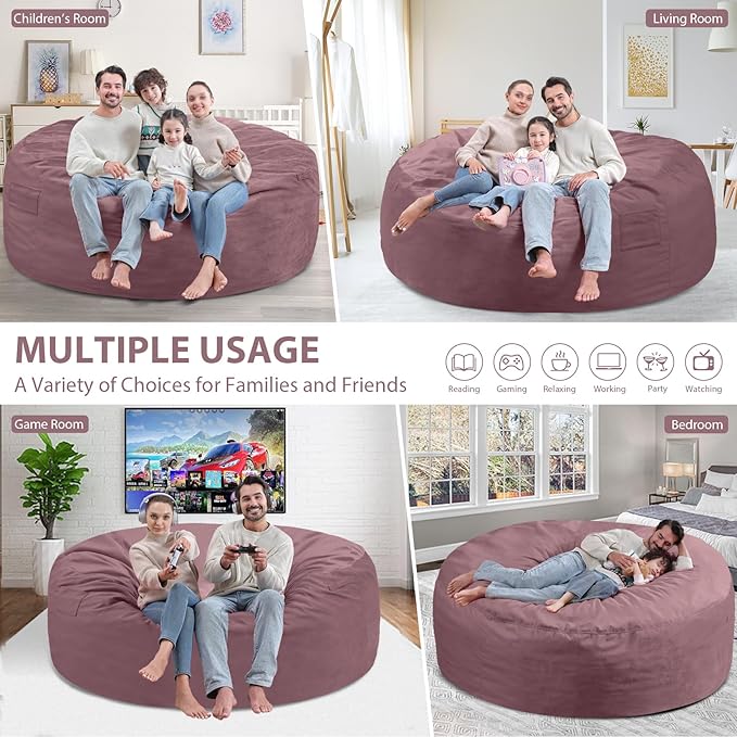 6FT Bean Bag Chair, Large Bean Bag Chairs with Memory Foam Filled, Fluffy Beanbag Sofa with Dutch Velvet Cover, Round BeanBag Chairs for Living Room, Playroom - Dusty Pink-CubbioJoy