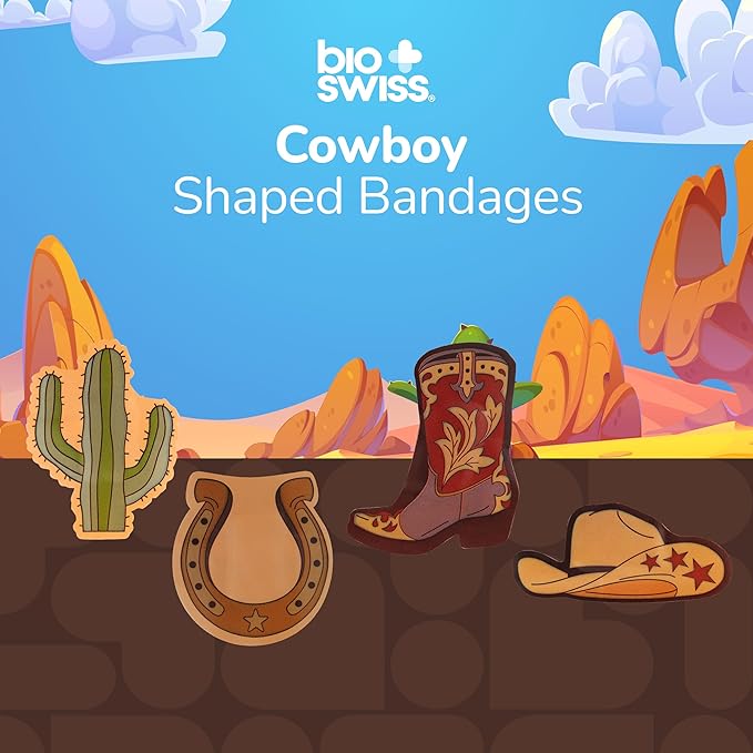BioSwiss Bandages, Cowboy Shaped Self Adhesive Bandage, Latex Free Wound Care, Fun First Aid Kit Supplies for Kids and Adults, 24 Count-CubbioJoy