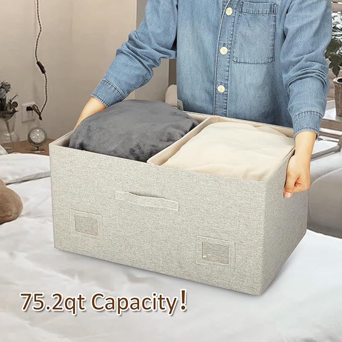 75 Quart Extra Large Decorative Collapsible Storage Bins with Lids, 1 Pack Beige Stackable Boxes-CubbioJoy