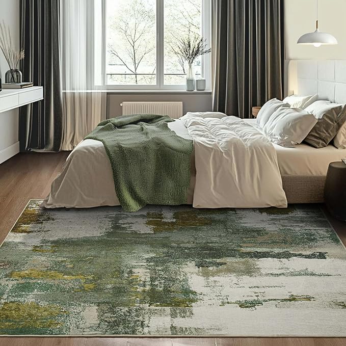 Kelarea Living Room Rug, 4x6 Rug Modern Abstract Washable Rugs Green Faux Wool Vintage Carpets, Non Slip Rugs for Bedroom, Dining Room, College Dorm, Kids Playroom, Home Office-CubbioJoy