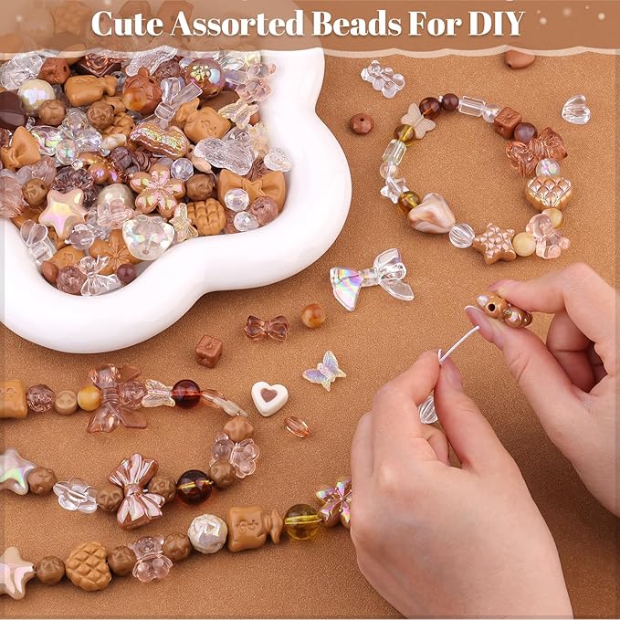 Assorted 170-230PCS Brown Acrylic Beads for Bracelet Making, Flower Bow Butterfly Candy GummyBear Aesthetic Bracelet Charms,Cute Beads for Jewelry Making DIY Necklace Keychain Phone Charm-CubbioJoy