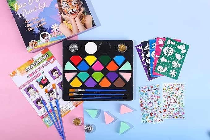BOBISUKA Face Painting Kit for Kids - 16 Colors Water Based Body Face Paint Includes Brushes,Sponges,Glitters,Gem Sheet,Instructions,Stencils for Halloween Party Costume SFX Makeup-CubbioJoy
