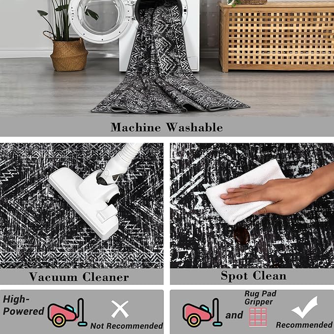 COZYLOOM Area Rug 6x9 Washable Rug for Bedroom Office Dining Room Living Room Vintage Non Slip Large Area Rug Geometric Soft Throw Low Pile Stain Resistant Carpet, Black-CubbioJoy