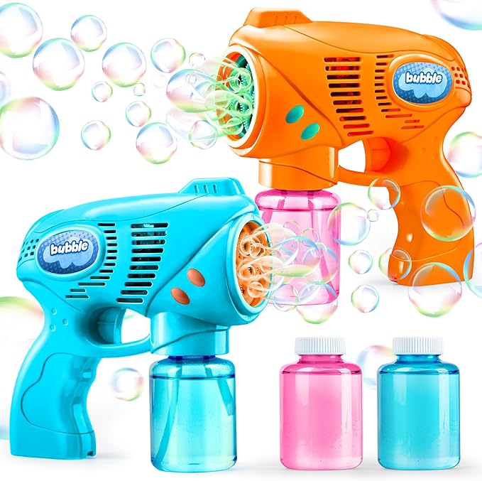 JOYIN 2 Bubble Guns with 2 Refill Solution (10 oz Total), Automatic Bubble Maker Blower Machine for Kids, Toddlers, Outdoors, Party, Birthday Gift, Easter Toys (Blue, Orange)-CubbioJoy