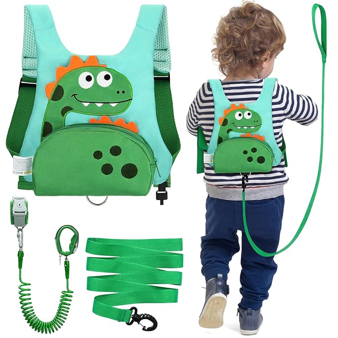 Dr.meter 3 in 1 Toddler Harness Leash + 8.2ft Anti Lost Wrist Link, Cute Dinosaur Kids Safety Harness Tether with Key Lock, Child Protective Leashes While Walking for Outdoor Activity Keep Kids Close-CubbioJoy