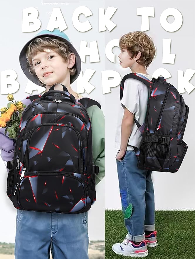 BLUEFAIRY Kids Backpack for Boys Elementary Primary School Bags for Childs Black Bagpack Book Bag Back to School Gifts for Son Mochilas Escolares para Niños 17" Large Compartment Black/Red-CubbioJoy