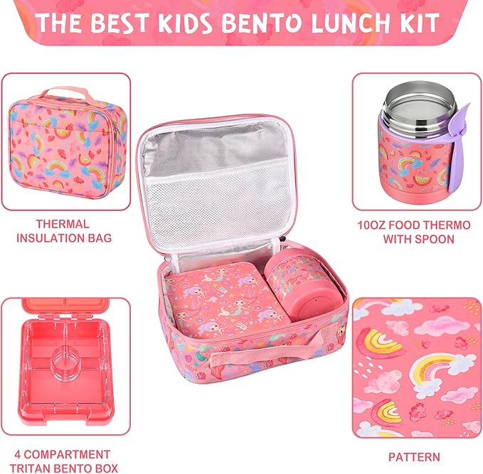 Bento Lunch Box Set With 10oz Soup Thermo, Leak-proof Lunch Containers with 4 Compartment, Kids Hot Thermo Food Jar/Insulation Lunch Bag, Food Containers for School（Rainbow）-CubbioJoy