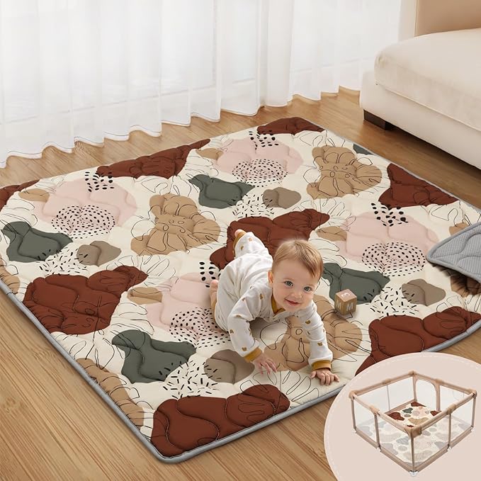 Blissful Diary Baby Play Mats for Floor, 59x59 Inch Thicker and Larger Soft Cushioning Foam Playmats for Babies and Toddlers, Foldable Washable Baby Playpen Mat, Boho Design-CubbioJoy